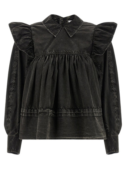 Ganni Black Washed Frill Blouse Black