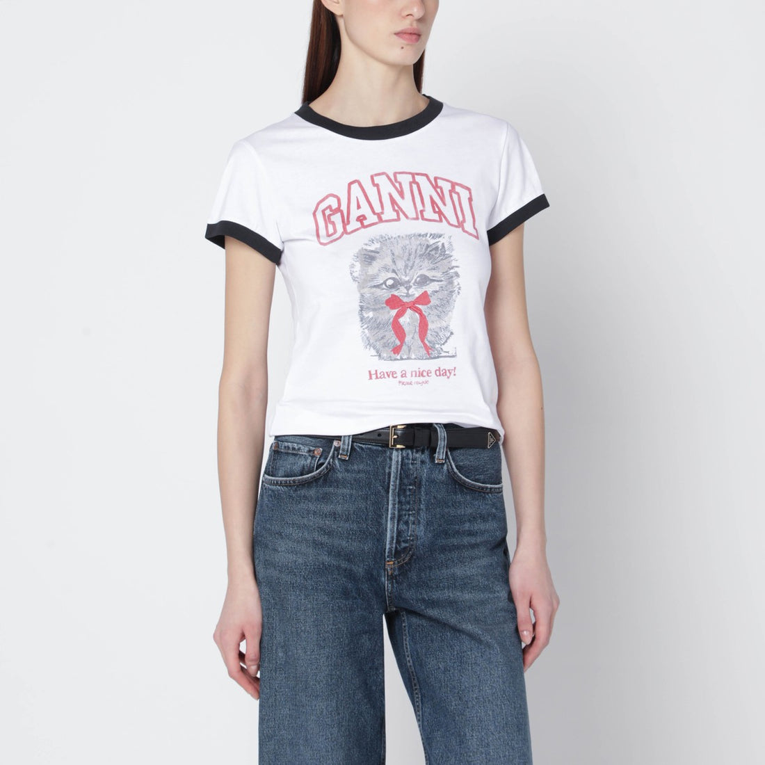 ganni cropped logo print t-shirt white