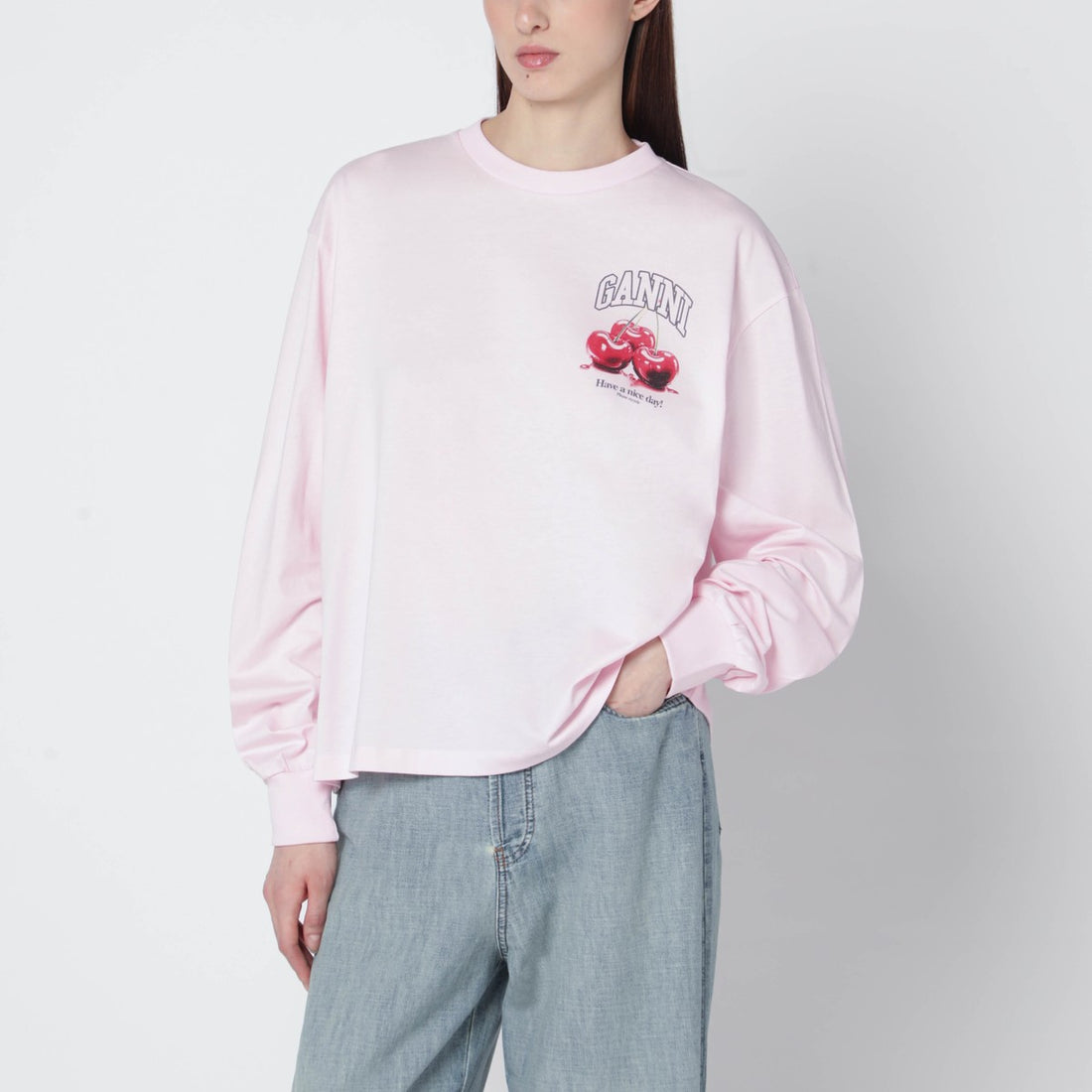 Ganni Light Cotton Logo Top Pink