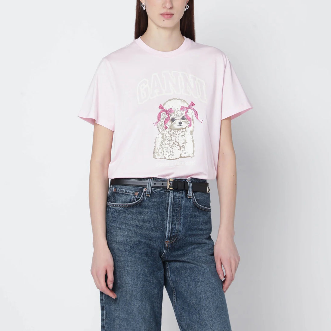 Ganni Light Pink T-Shirt With Logo Print