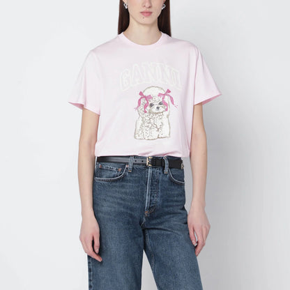 Ganni Light Pink T-Shirt With Logo Print