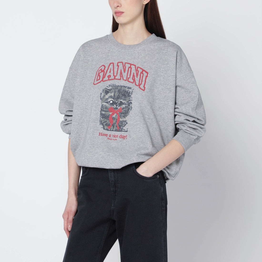 Ganni Kitten Print Logo Sweatshirt Grey