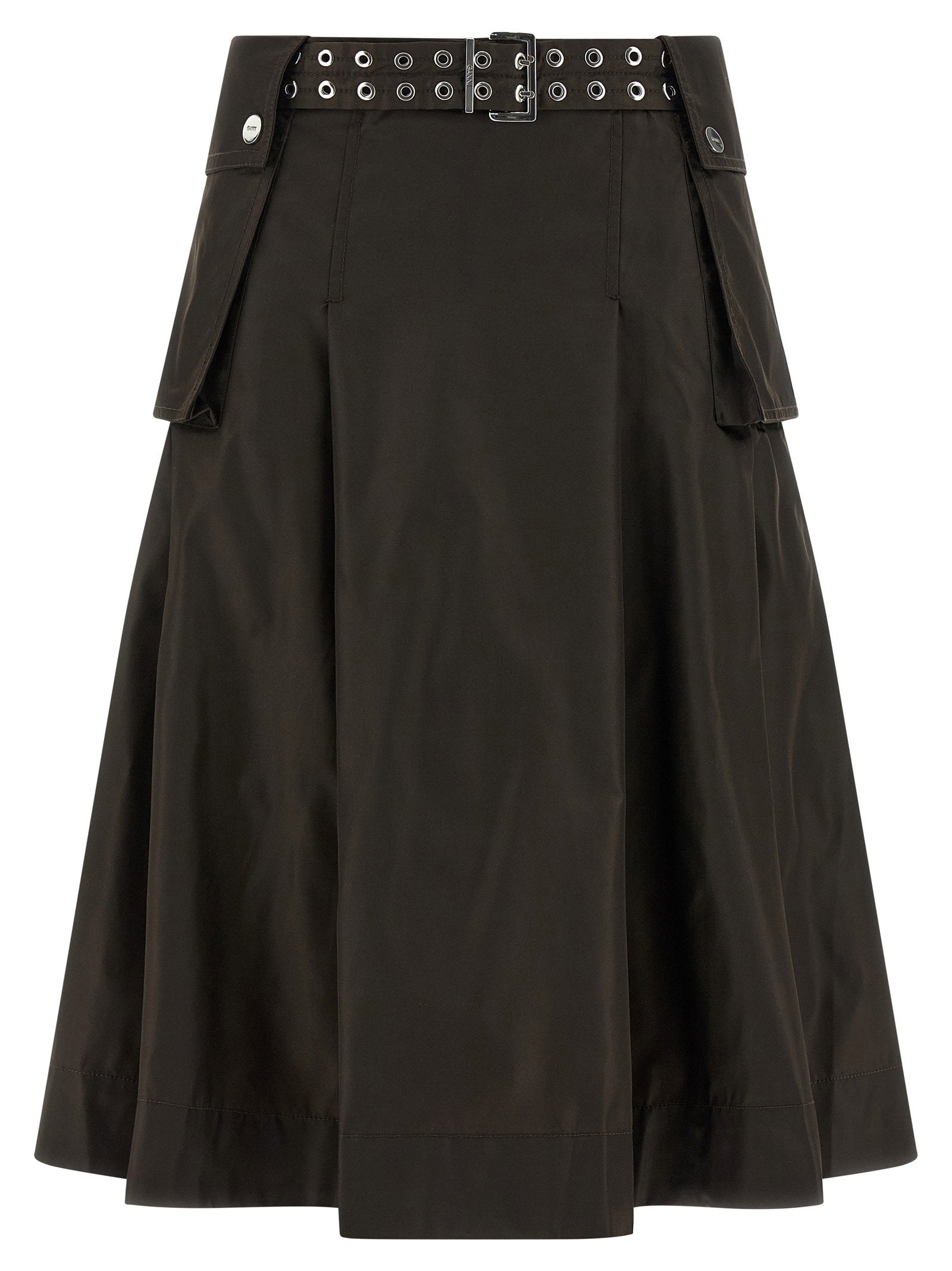 Ganni Duchesse Nylon Pleated Skirt Brown