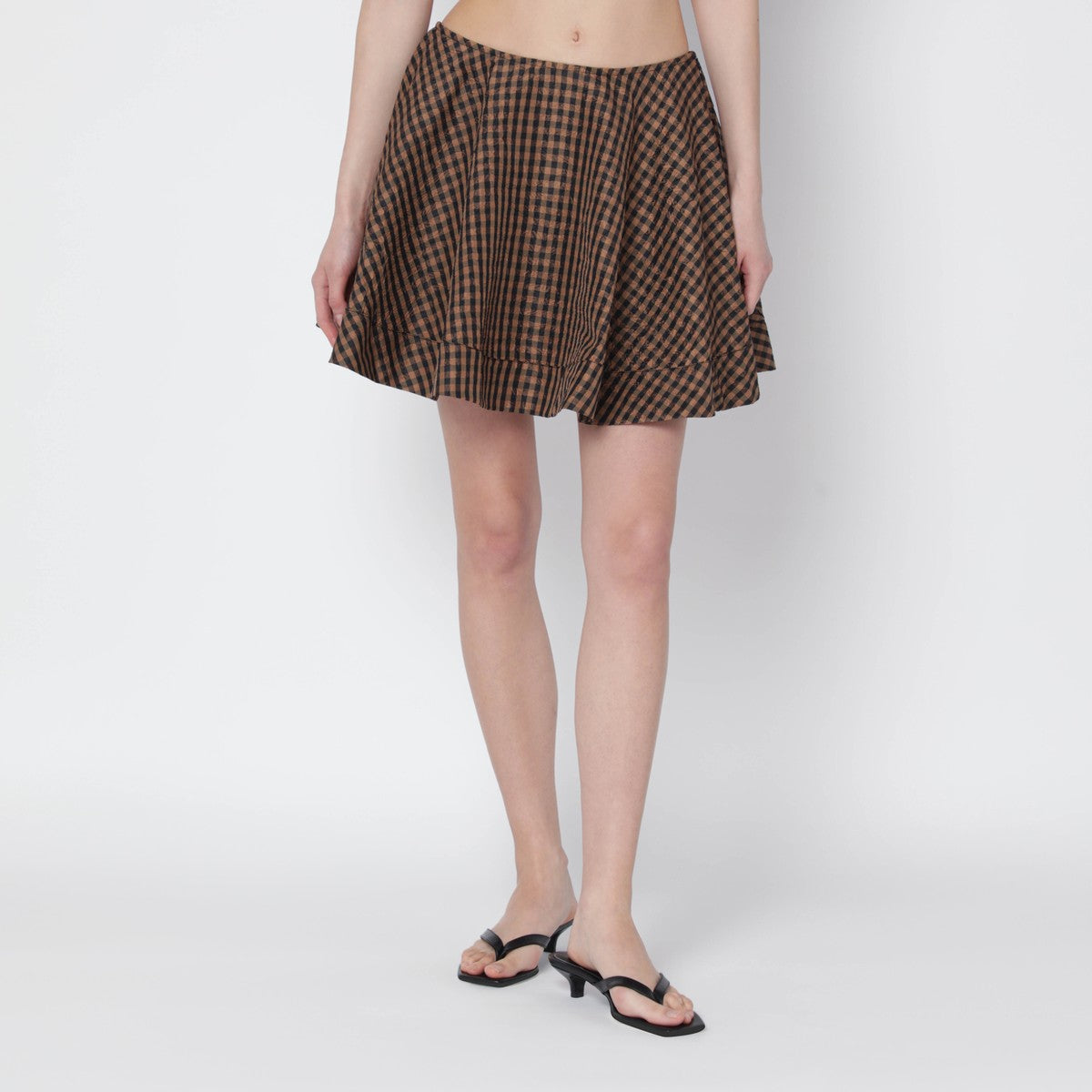 Ganni Gingham Flared Mini Skirt Brown