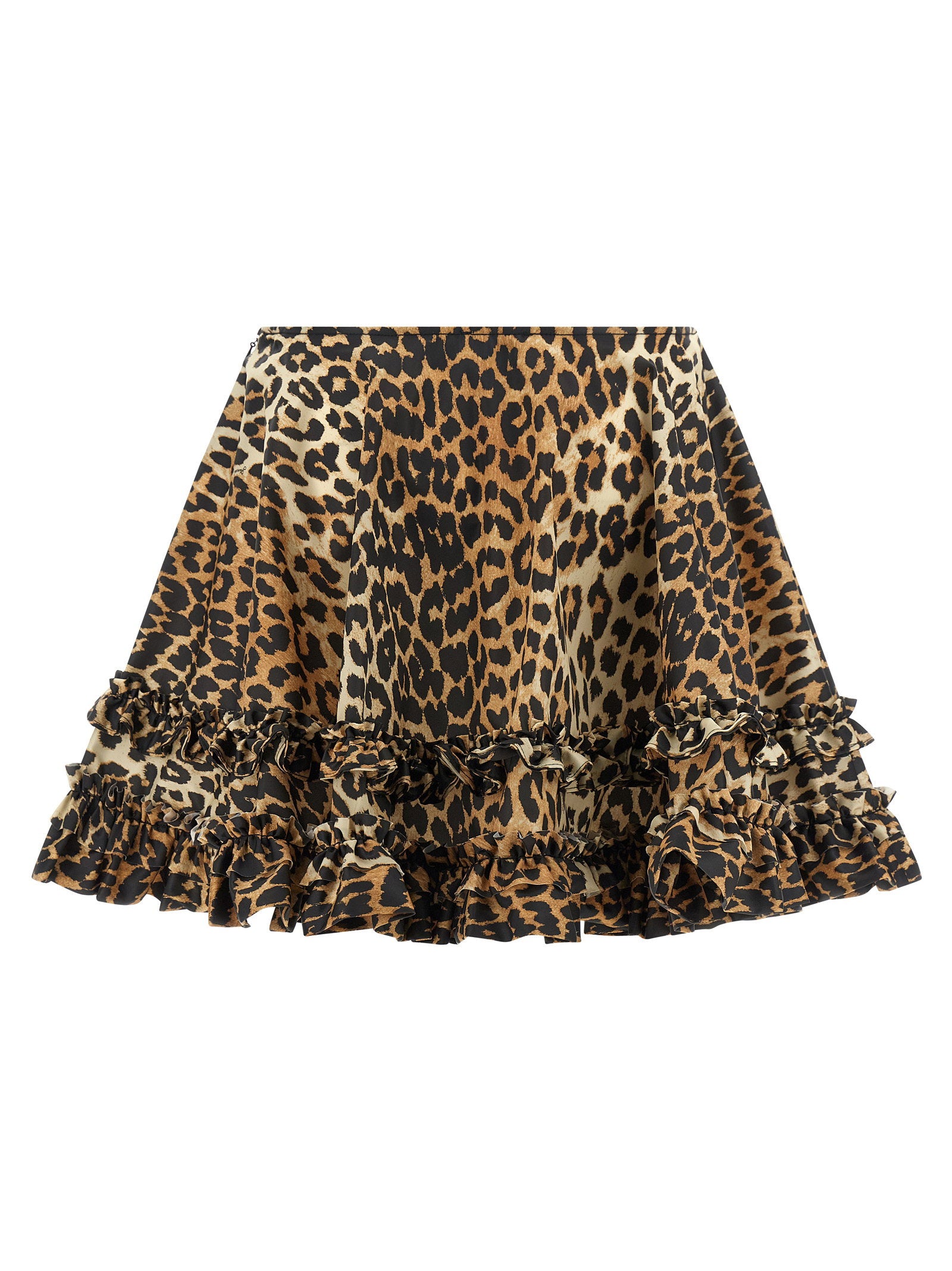 Ganni Leopard Duchesse Nylon Mini Frill Skirt Brown