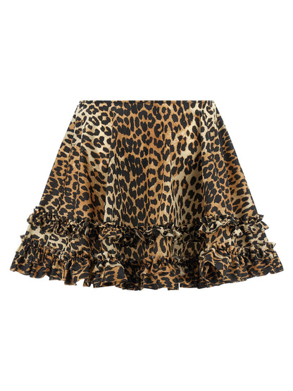 Ganni Leopard Duchesse Nylon Mini Frill Skirt Brown