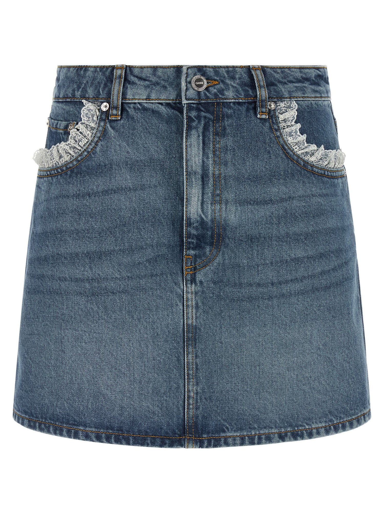 Ganni Denim And Lace Skirt Blue