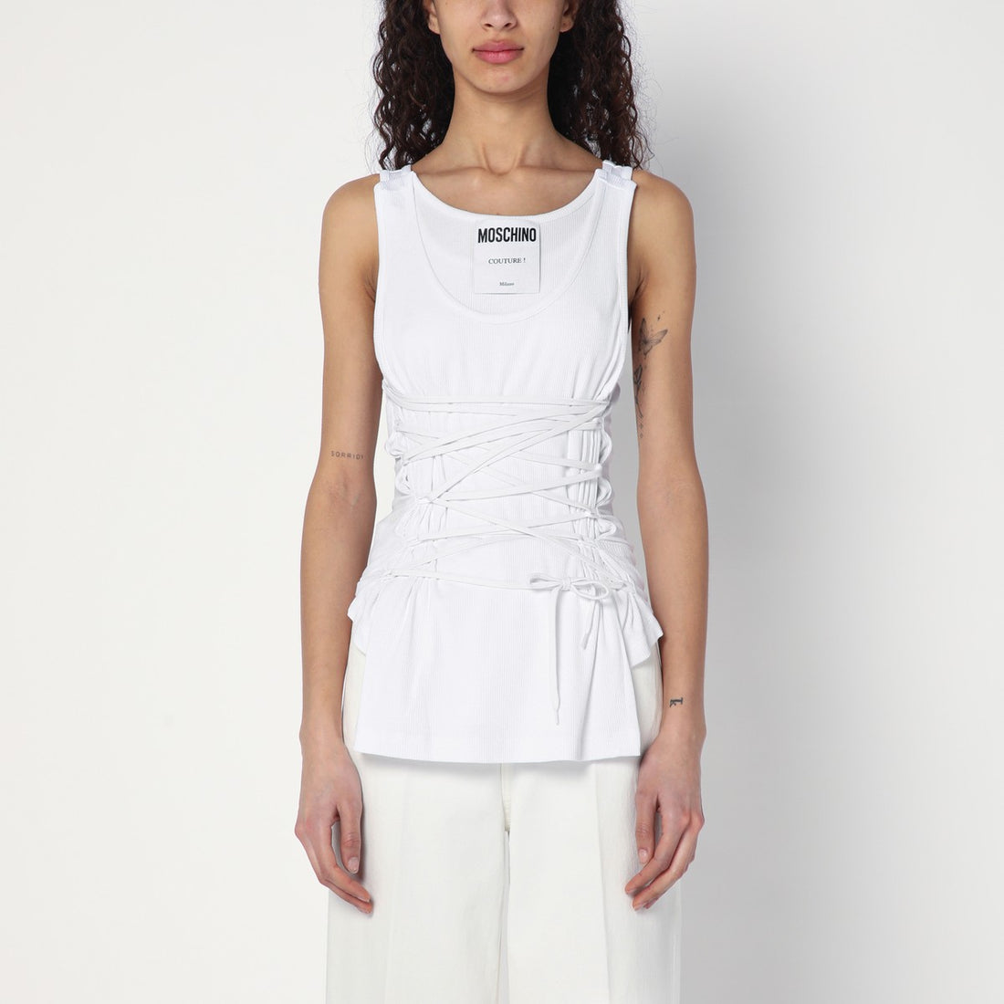 Moschino White Ribbed Viscose Tank Top with Laces White