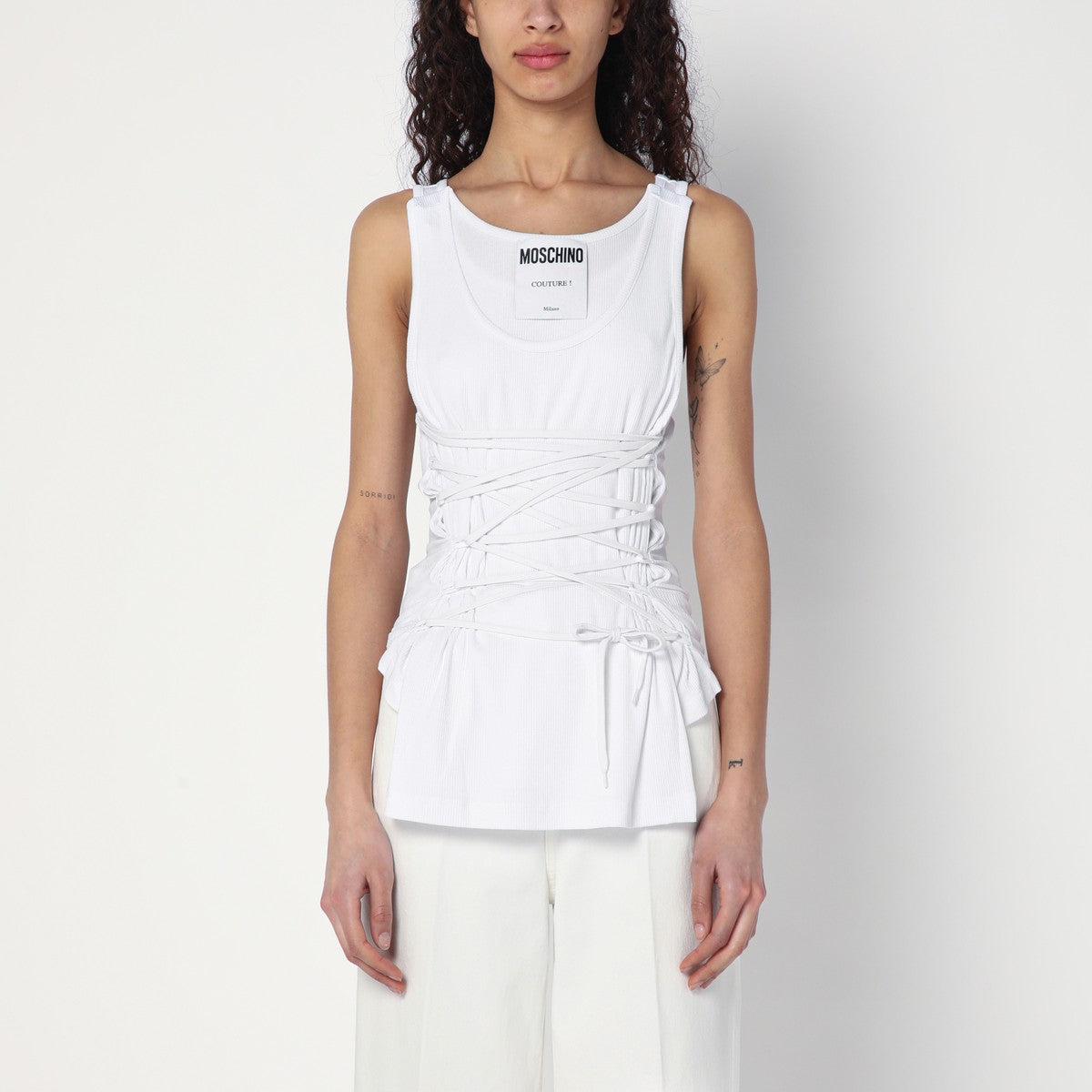 Moschino White Ribbed Viscose Tank Top with Laces White