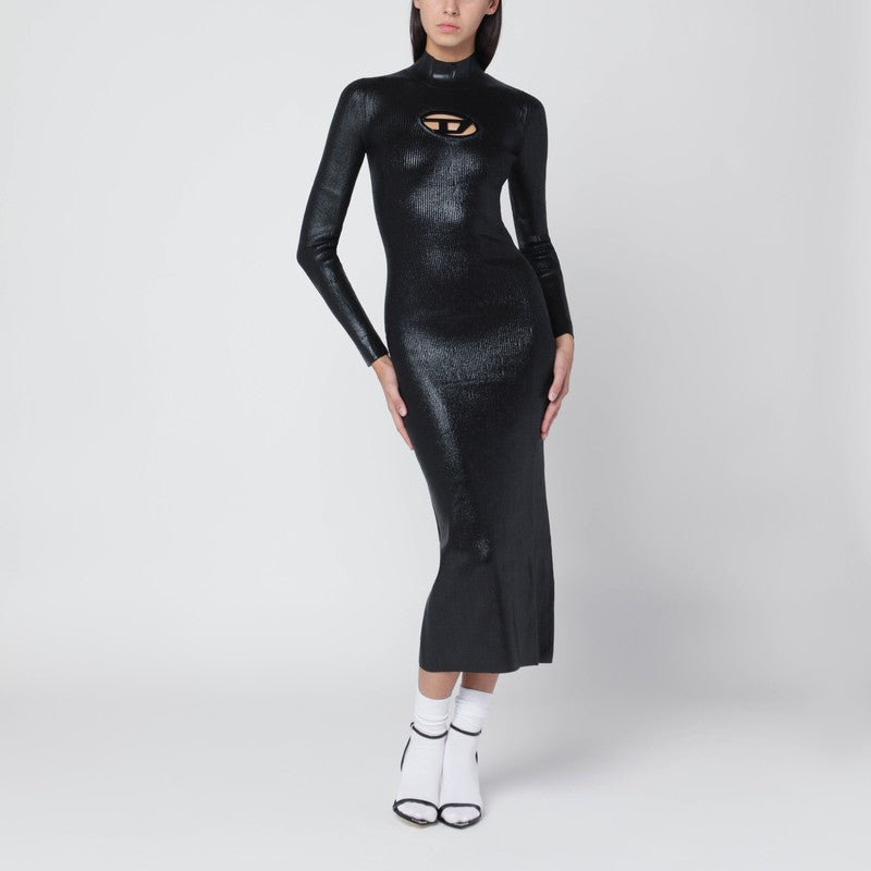 Diesel Black Ribbed Shiny Long-Sleeve Fitted Midi Dress Black