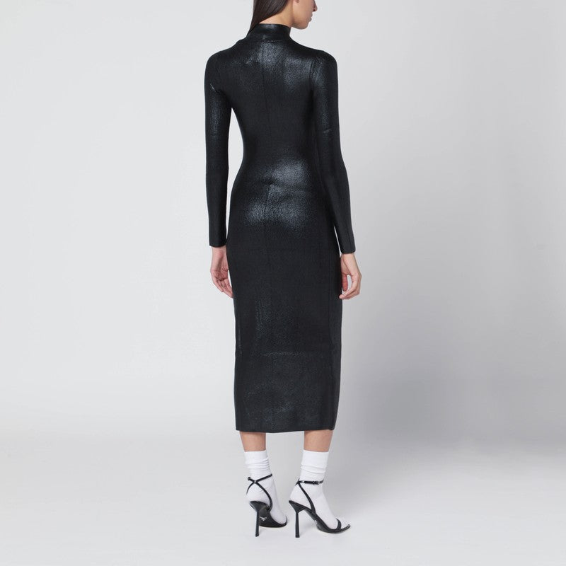 Diesel Black Ribbed Shiny Long-Sleeve Fitted Midi Dress Black