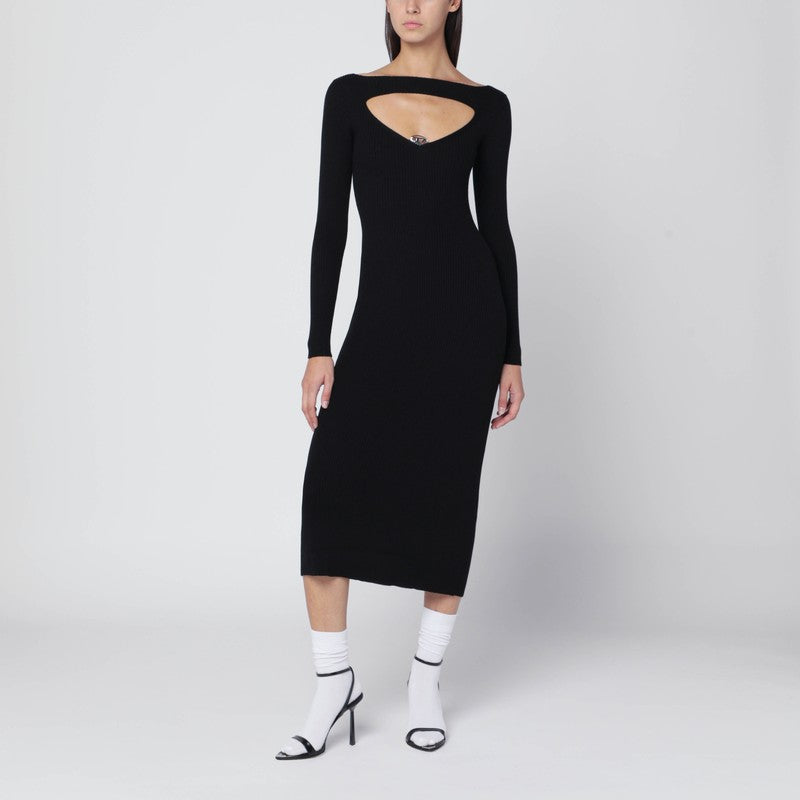 Diesel Black Wool Ribbed Midi Dress with Cut-Out and Oval D Logo Black