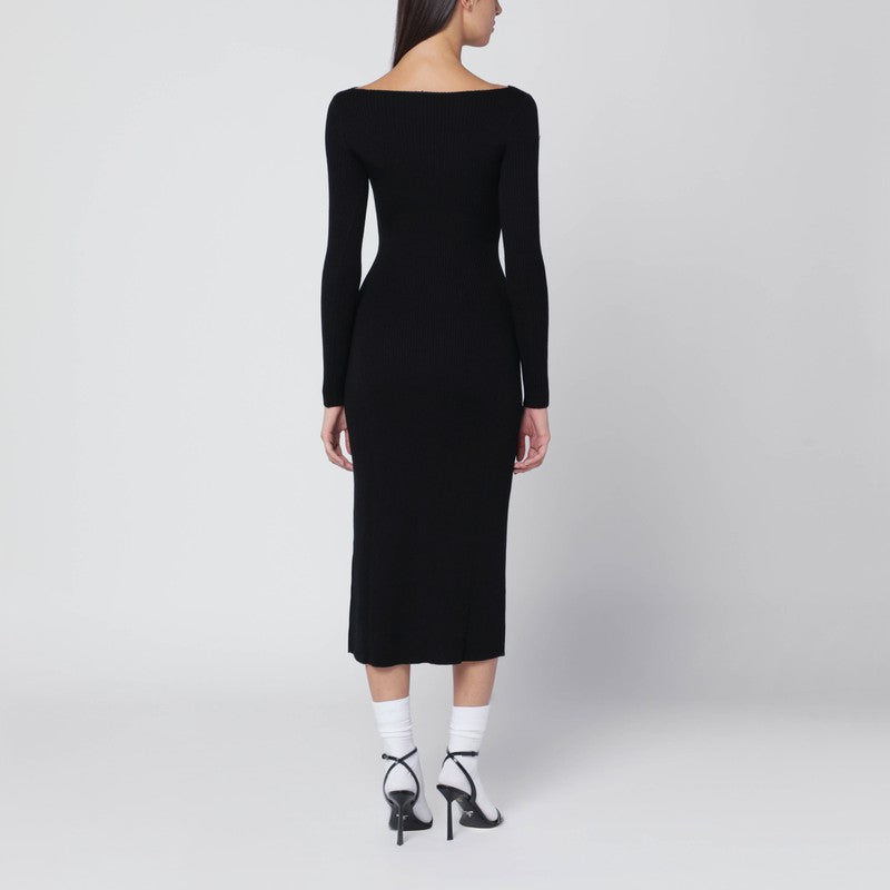 Diesel Black Wool Ribbed Midi Dress with Cut-Out and Oval D Logo Black