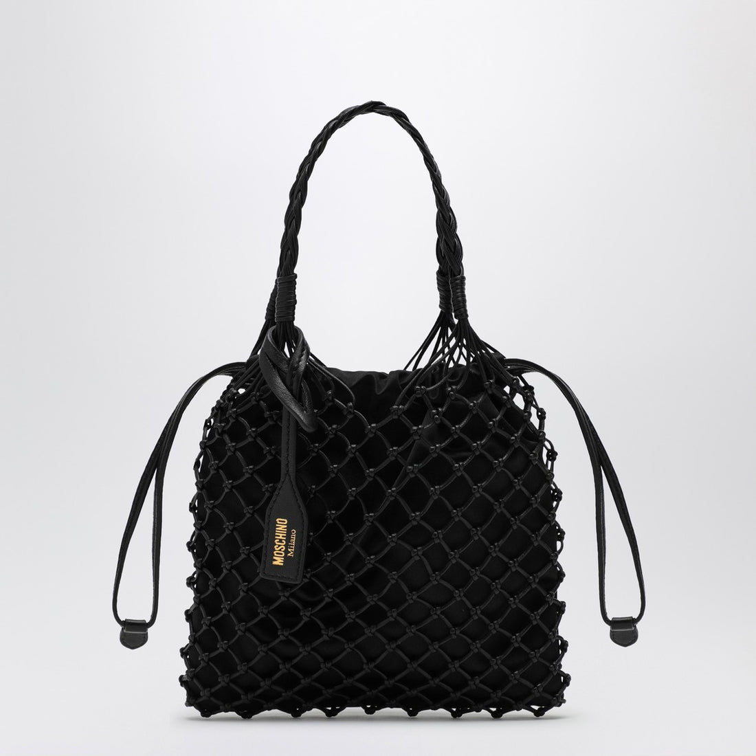 Moschino Basket Net Small Woven Leather Handbag Black Black