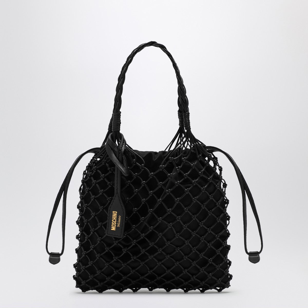 Moschino Basket Net Small Woven Leather Handbag Black Black