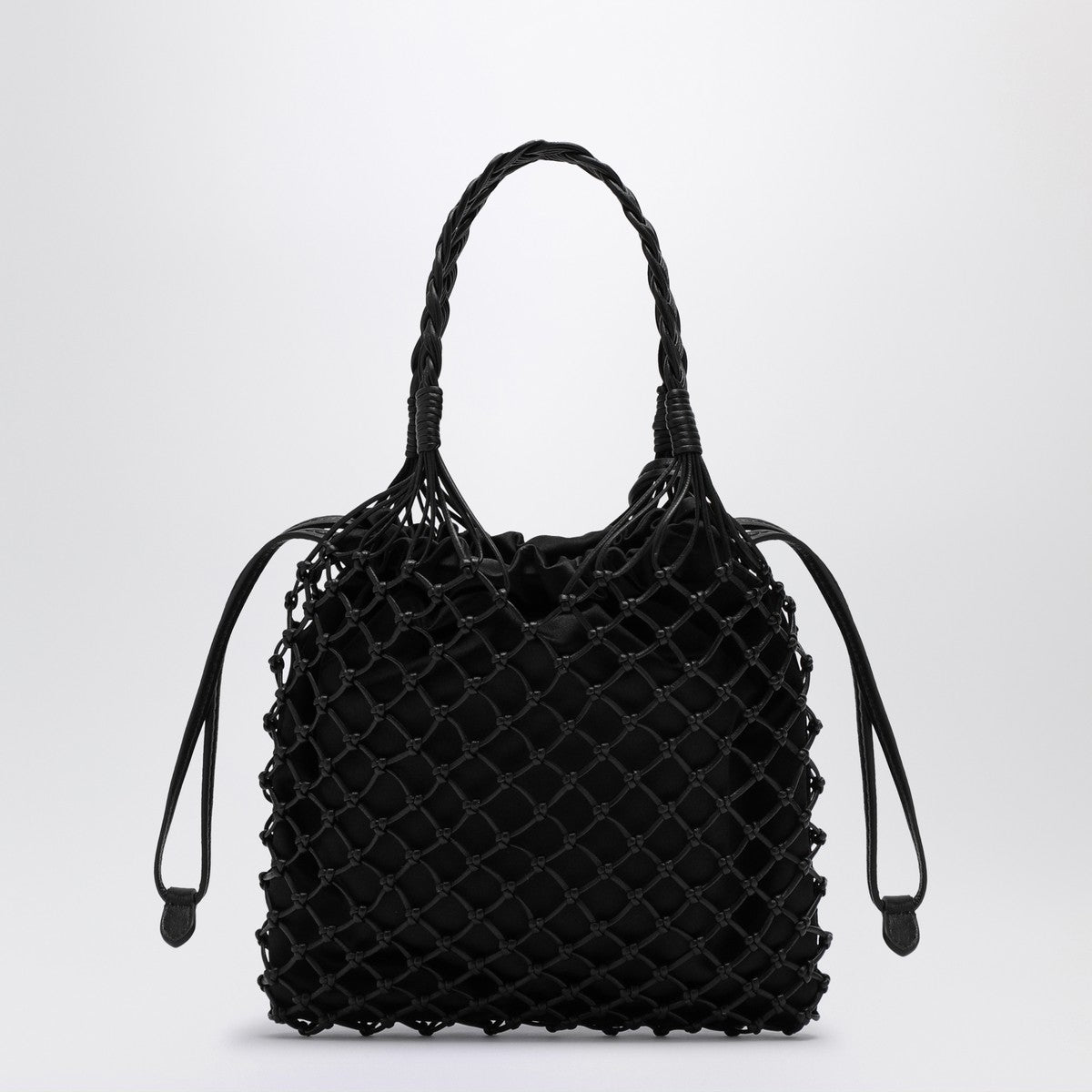 Moschino Basket Net Small Woven Leather Handbag Black Black