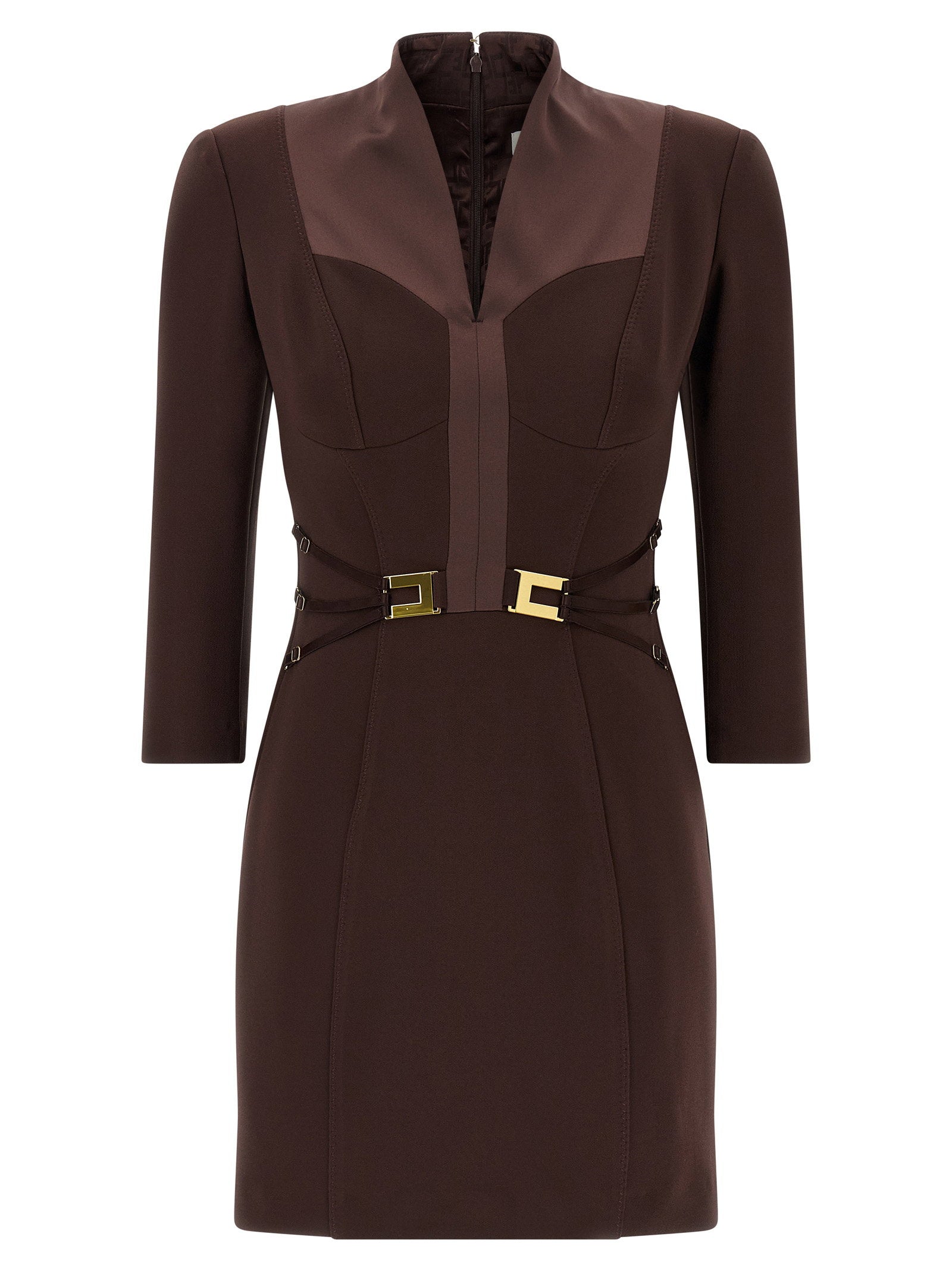 Elisabetta Franchi Logo Dress With Elastic Bands Brown