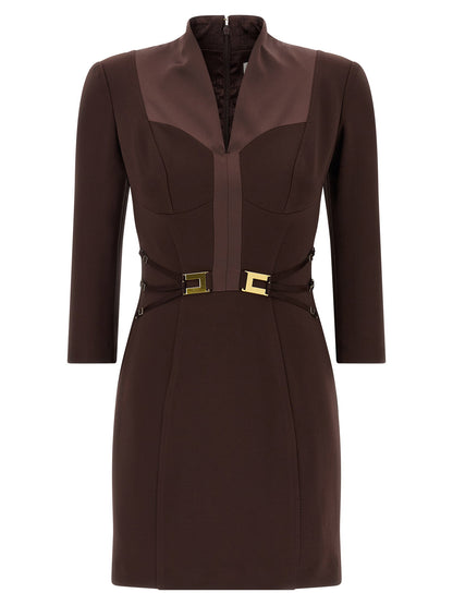 Elisabetta Franchi Logo Dress With Elastic Bands Brown