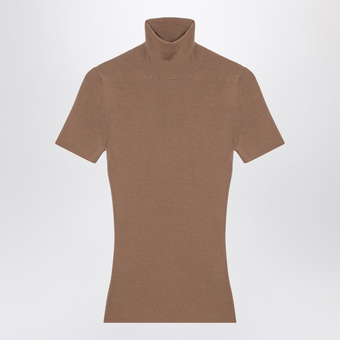 Max Mara Camel Wool Ribbed Turtleneck Top Beige