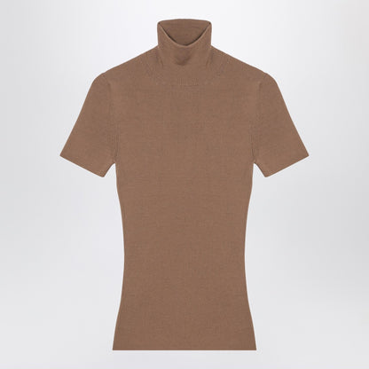 Max Mara Camel Wool Ribbed Turtleneck Top Beige