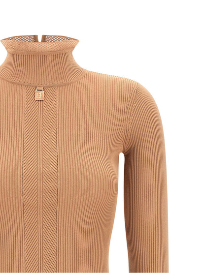 Elisabetta Franchi Ribbed Knit Dress Beige