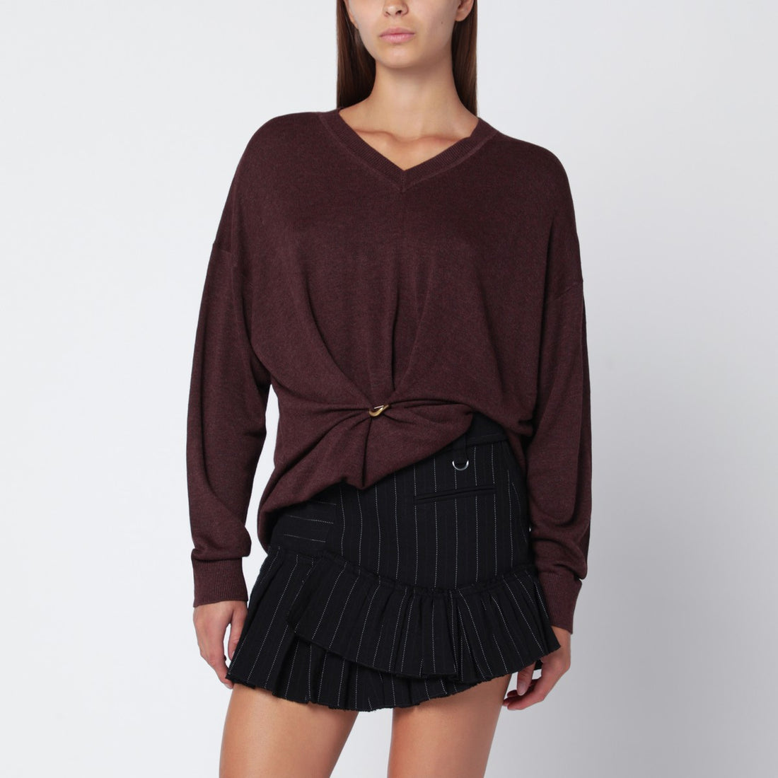 Isabel Marant Burgundy Draped Wool-Blend Cosima V-Neck Sweater Burgundy