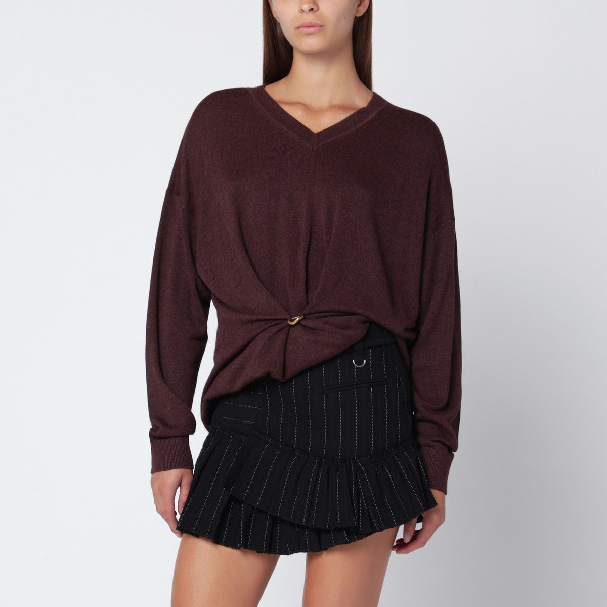 Isabel Marant Burgundy Draped Wool-Blend Cosima V-Neck Sweater Burgundy