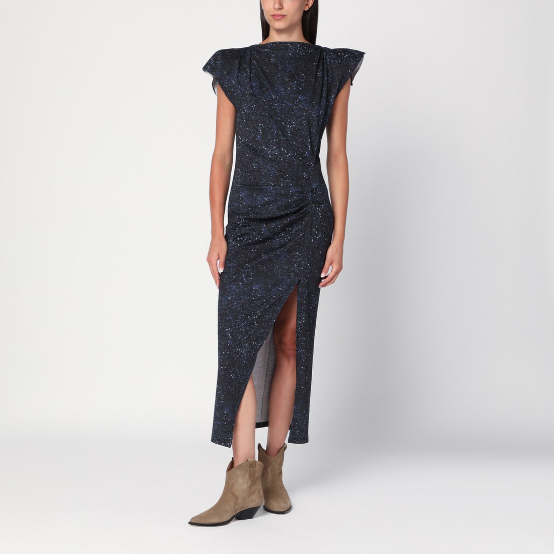 Isabel Marant Mid-Length Printed Midi Dress with Gathered Detail Blue