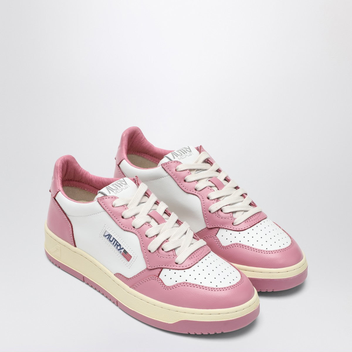 Autry White and Pink Leather Sneakers with Perforated Detailing White