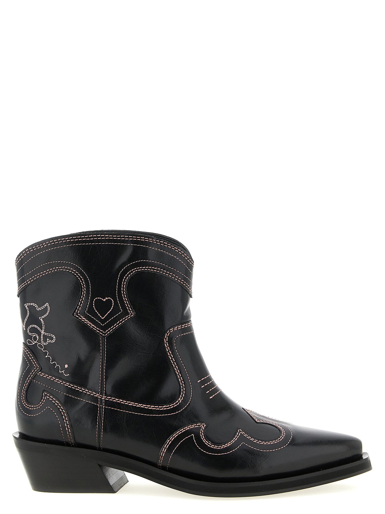 Ganni Low Shaft Embroidered Western Ankle Boots Black
