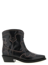 Ganni Low Shaft Embroidered Western Ankle Boots Black