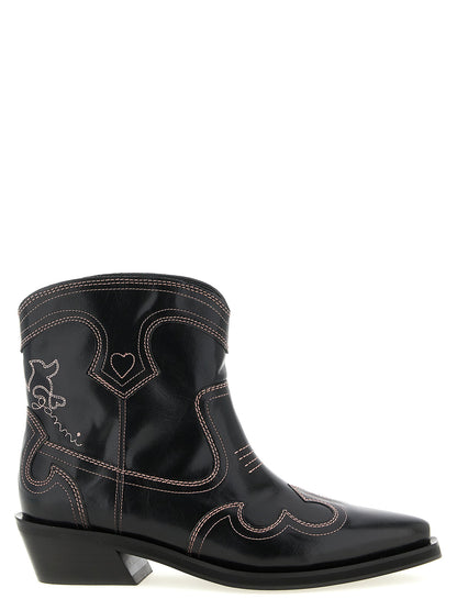Ganni Low Shaft Embroidered Western Ankle Boots Black
