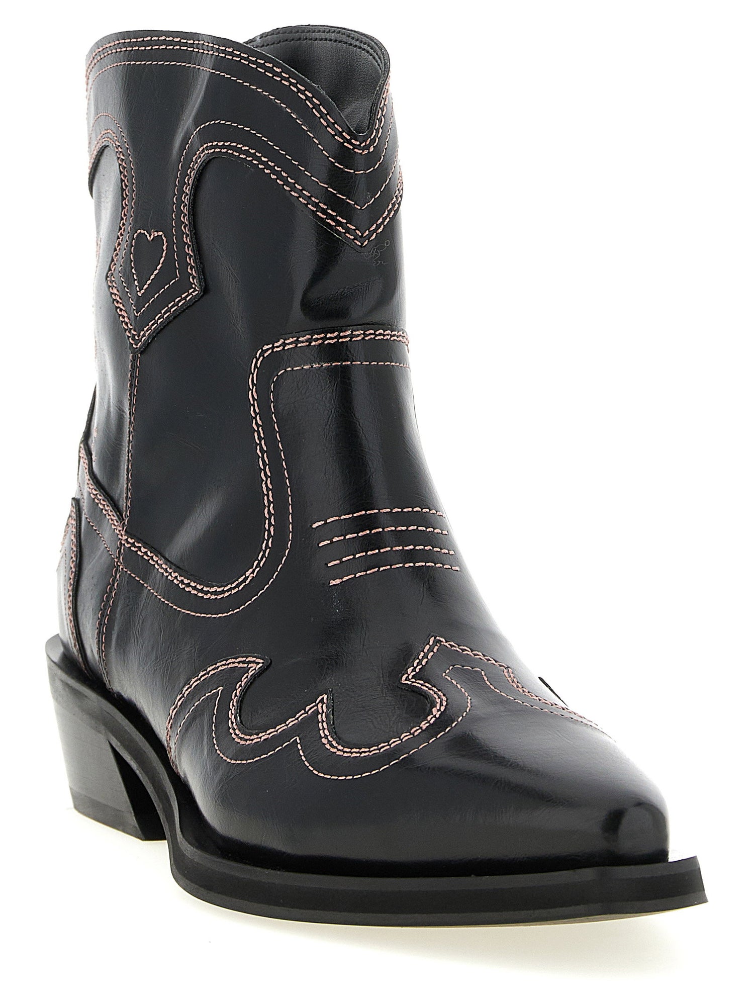 Ganni Low Shaft Embroidered Western Ankle Boots Black