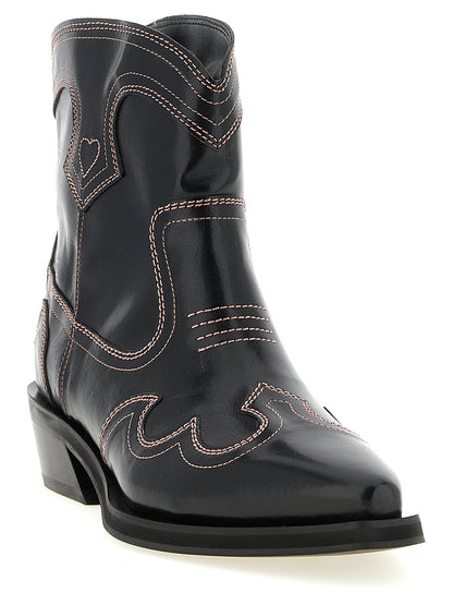 Ganni Low Shaft Embroidered Western Ankle Boots Black