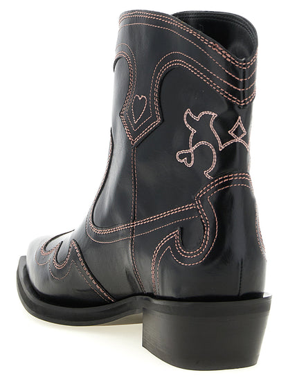 Ganni Low Shaft Embroidered Western Ankle Boots Black