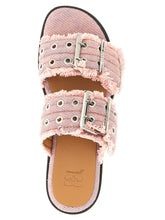 Ganni Feminine Buckle Fringed Denim Sandals Pink