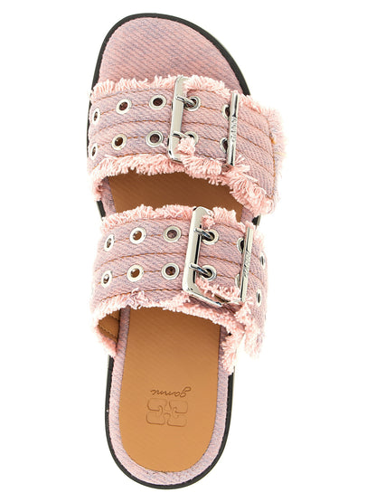 Ganni Feminine Buckle Fringed Denim Sandals Pink