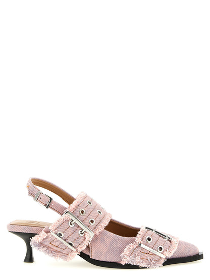 Ganni Feminine Buckle Fringed Denim Slingback Pink