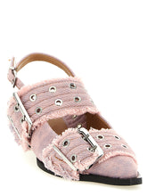 Ganni Feminine Buckle Fringed Denim Slingback Pink