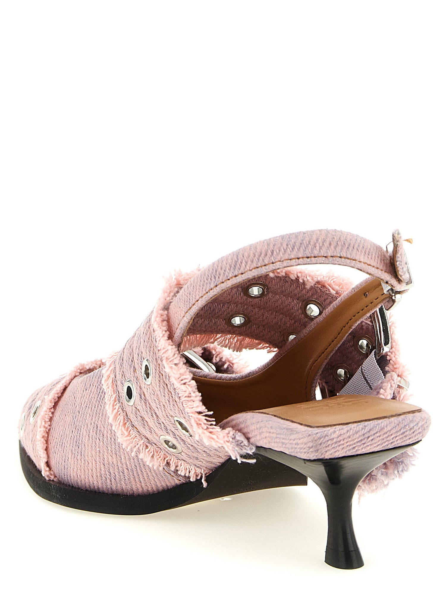 Ganni Feminine Buckle Fringed Denim Slingback Pink