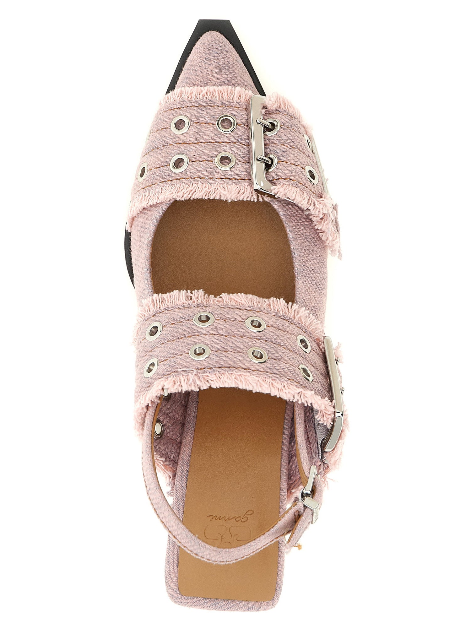 Ganni Feminine Buckle Fringed Denim Slingback Pink
