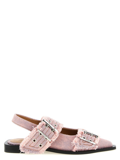 Ganni Feminine Buckle Fringed Denim Slingback Pink