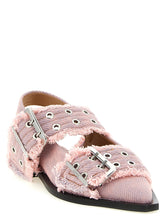 Ganni Feminine Buckle Fringed Denim Slingback Pink