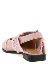 Ganni Feminine Buckle Fringed Denim Slingback Pink