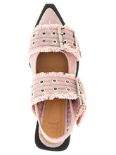 Ganni Feminine Buckle Fringed Denim Slingback Pink