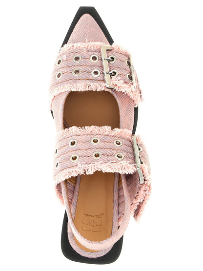 Ganni Feminine Buckle Fringed Denim Slingback Pink