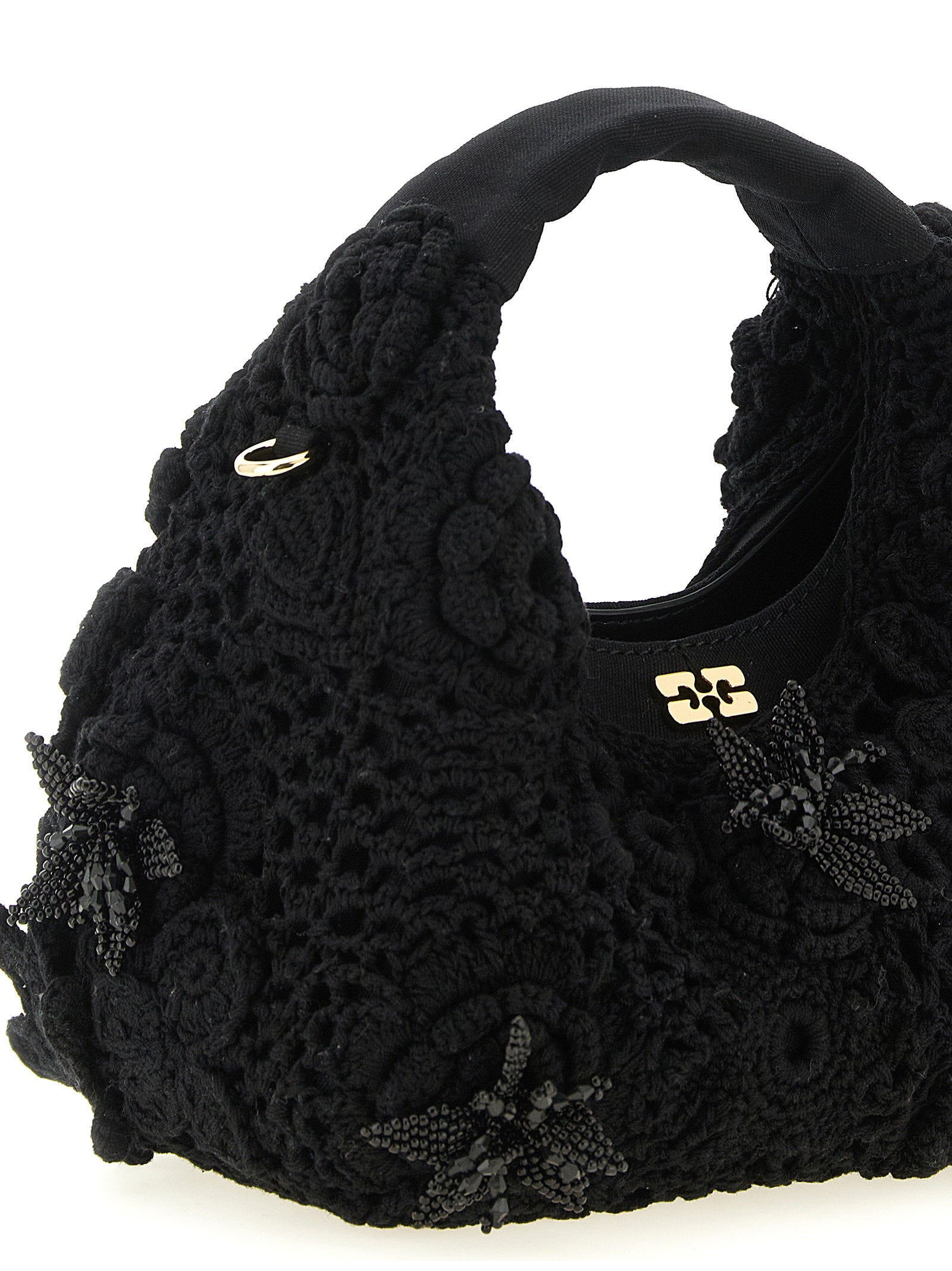 Ganni Mini Hobo Crochet Handbag Black