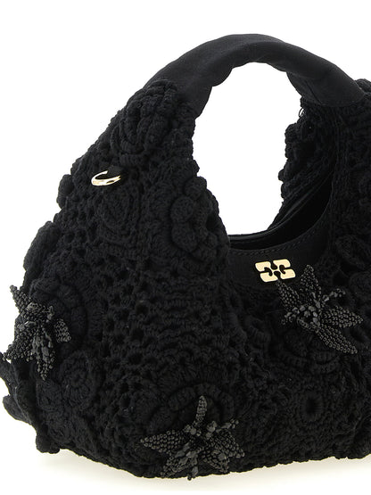 Ganni Mini Hobo Crochet Handbag Black