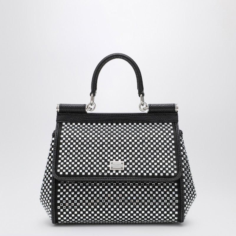 Dolce &amp; Gabbana Black Sicily Medium Crystal-Embellished Leather Handbag Black