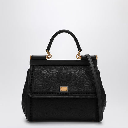 Dolce &amp; Gabbana Sicily Medium Black Embroidered Leather Handbag Black